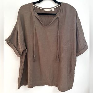 Soft Surroundings Olive Green Blouse Tassel Ties, Size XL True Comfort!!